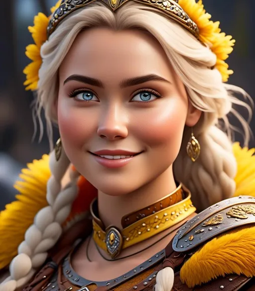 Prompt: <mymodel>CGI Animation, digital art, 20-year-old-old viking woman with light blue eyes, yellow clothes, gold colored armor, white hair, double braids down her shoulders with a tiara, subtle smile, unreal engine 8k octane, 3d lighting, close up camera shot on the face, full armor