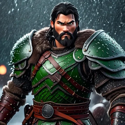 Prompt: <mymodel>Animated CGI style of a fierce Viking male about 25 years old, black hair, detailed facial features, leather armor {{((red))}} and green armor, battle axe and shield, standing in the rain, intense and determined expression, dynamic and powerful pose, high definition, CGI, detailed armor, fierce female, Nordic designs, battle-ready, dynamic pose, professional lighting