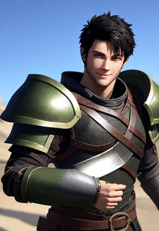 Prompt: Full character, kind of dorky, shy, Digital art, 22-year-old viking man, black hair. green armor. blue gear. medium-length black hair, subtle smile, short black stubble beard, hazel eyes, adventurer, blue sky background, unreal engine 8k octane, 3d lighting