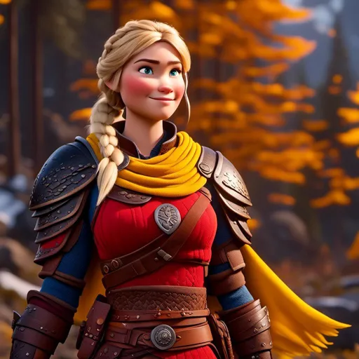 Prompt: <mymodel>CGi Animation, 20-year-old viking woman with one hair braid, subtle smile, blonde hair, blue eyes, blue gear, yellow armor, red clothes, yellow textures and highlights, unreal engine 8k octane, 3d lighting, full body, full armor