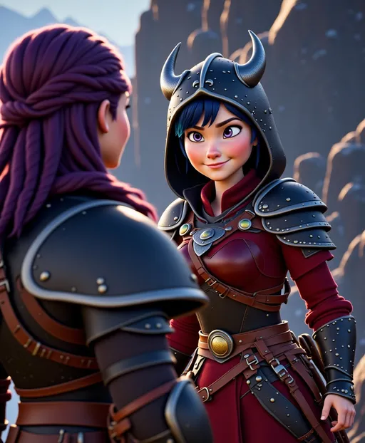 Prompt: <mymodel>CGI Animation, digital art, 20-year-old-old viking woman with violet eyes, Dark red Long sleeve shirt, skirt with dragon teeth on it, wears the snow wraith hood, ((dark dark blue hair with teal, pink and purple streaks)), fighting against another viking warrior in a sword battle with Annabeth who has purple hair with black and gold armor in the training ring, subtle smile, unreal engine 8k octane, 3d lighting, close up camera shot on the face, full armor