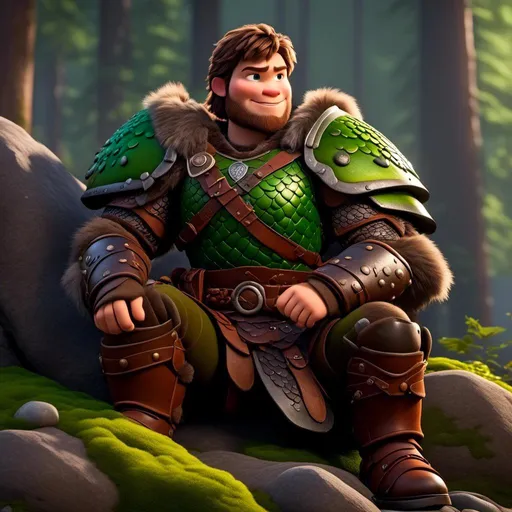 Prompt: <mymodel>Male viking warrior, thin and light muscle build, sitting on a boulder in the forest, there is a large green dragon next to him, short brown hair, green eyes, green armor, brown gear, brown pants, brown boots, historical, strong and natural lighting