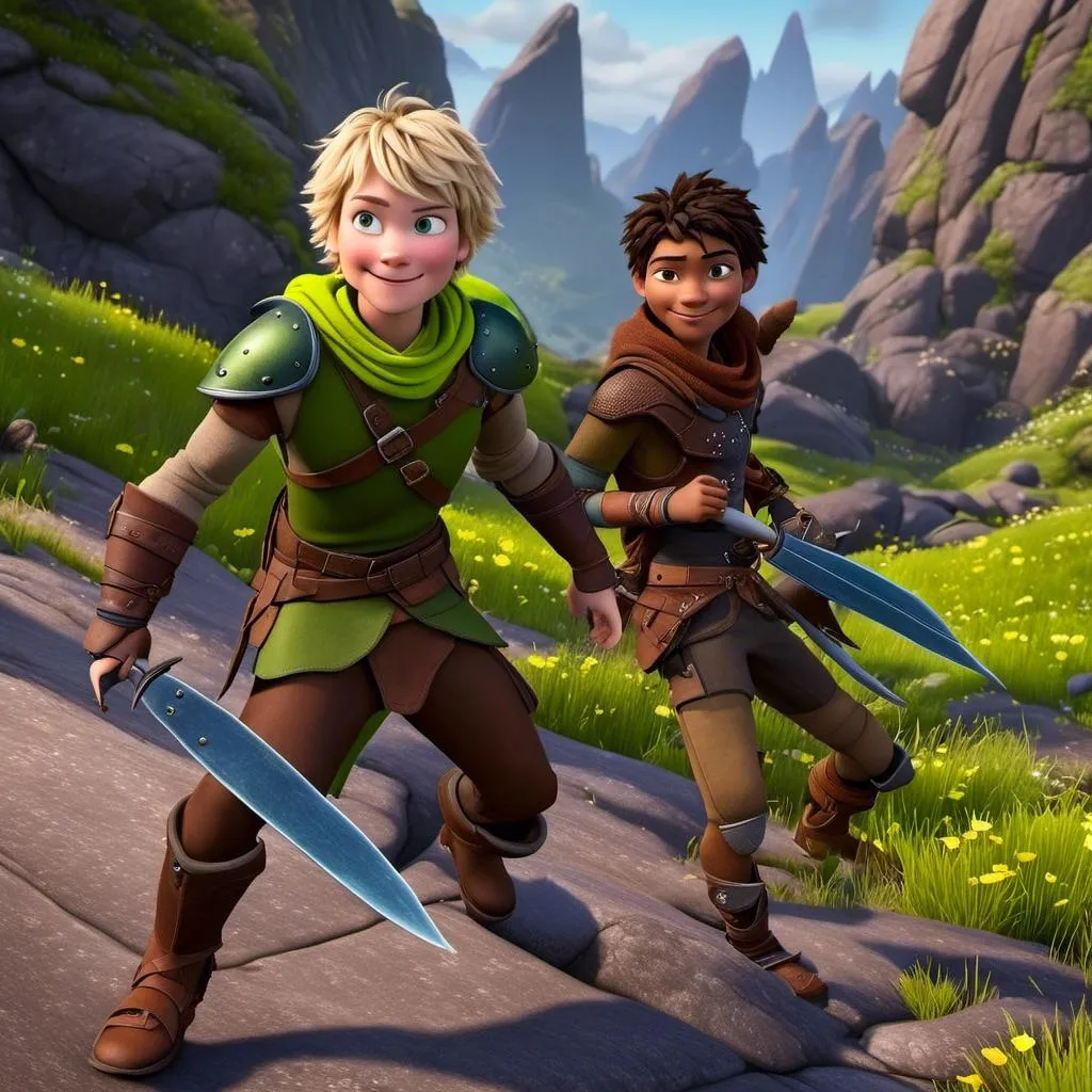 Prompt: <mymodel>CGI Animation, sinister viking boy, 18-year-old, chaotic evil, blonde short messy hair, no facial hair, neon green bandana scarf, dark brown, dark brown long-sleeve shirt, pants, leather armor, two daggers, dozen throwing knives