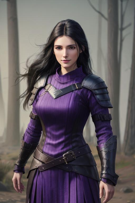 Prompt: Digital Art, 25-year-old viking woman, purple gear, purple clothes, subtle smile, black straight hair, dark purple eyes, a dark purple long-sleeve shirt, textured skirt down to knees, dark purple pants, dark purple armor, long black hair with volume, middle part in hair, leather boots, dark purple gear, unreal engine 64k octane, hdr, 3d lighting, full body, full armor