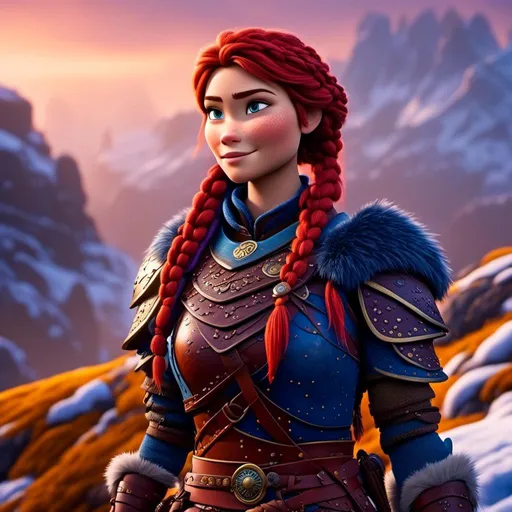 Prompt: <mymodel>CGi Animation, 25-year-old viking woman warrior with blue eyes, a snowy scene, the viking woman has a subtle smile, purple dreadlocks and braids in her hair, she has red gear, gold armor with bursts of blue textured splotches, black pants, black boots