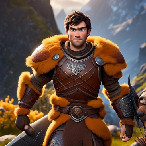 Prompt: <mymodel>Animated CGI style of a fierce Caucasian Viking with dark hair, intense gaze, realistic yellow armor with bursts of orange textures, high quality, CGI, realistic, intense gaze, viking, male, Caucasian, detailed facial features, fur textures, highres, professional, intense lighting
