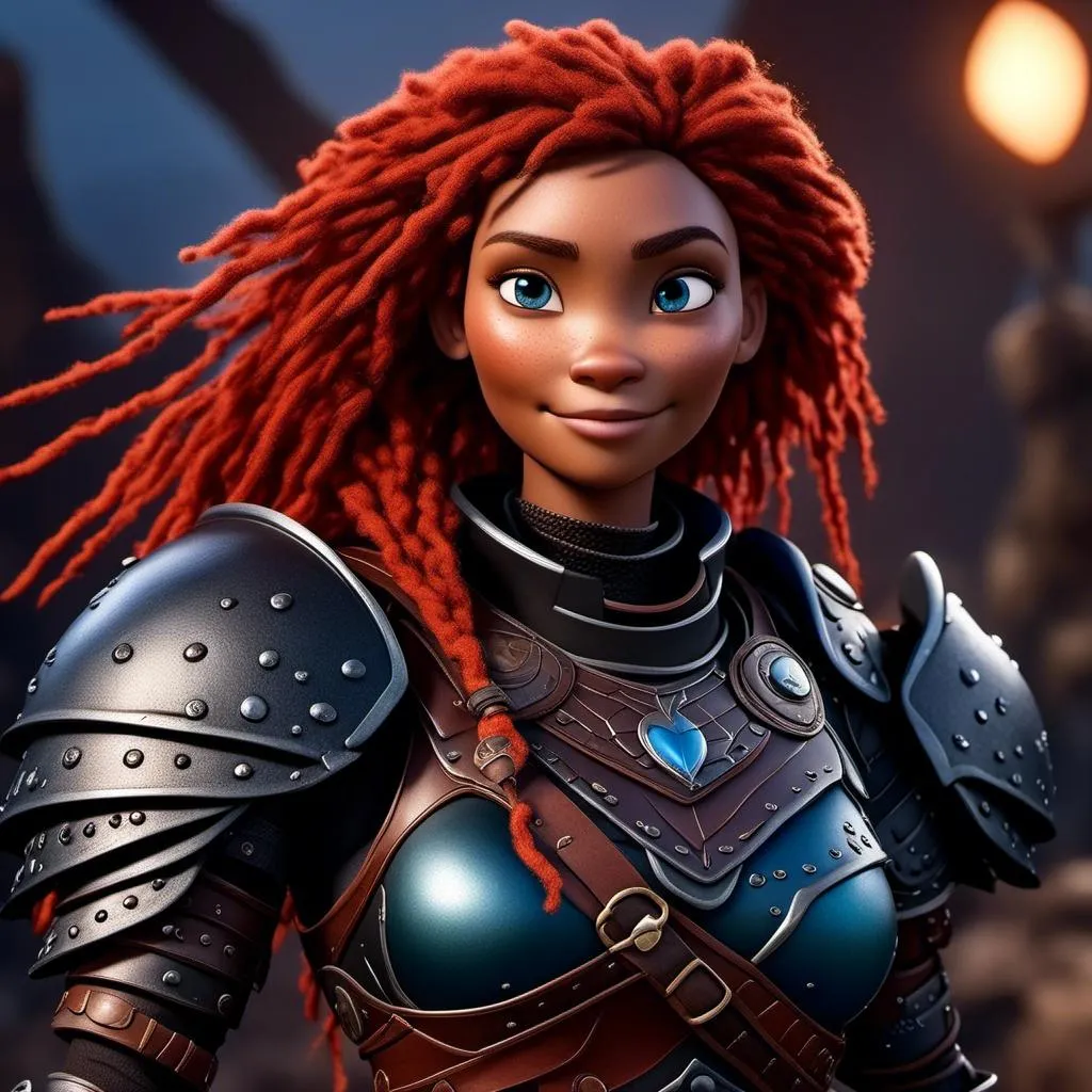 Prompt: <mymodel>CGI Animation of a viking woman of 40 years old, red hair with dreadlocks, blue eyes, all black gear and armor, leather highlights and textures, dragon scale textures and armor, intricate details, high quality, digital painting, cool tones, dramatic lighting