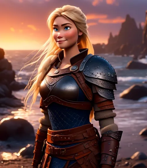 Prompt: <mymodel>CGI Animation, digital art, 20-year-old-old viking woman with blue eyes standing around several hot springs on a beach, ((blue clothes, blue colored armor,)) raining with sunset lighting, blonde straight hair, subtle smile, unreal engine 8k octane, 3d lighting, cinematic lighting, camera shot of full armor from head to toe