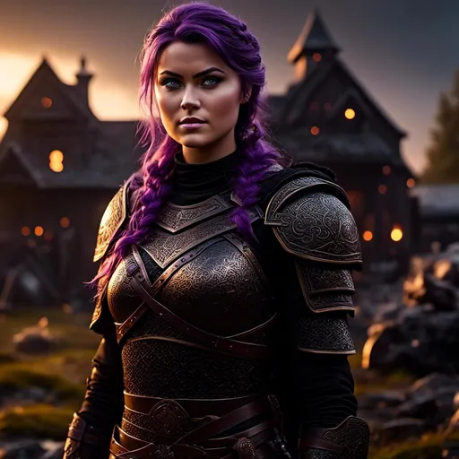 Prompt: <mymodel>25-year-old viking woman, messy and dirty hair, she has an angry and intense expression, light blue eyes, dirty armor, black gear, bright black armor, black textures and highlights, standing in a dimly lit viking building, with glowing algae, short focus, blurry background, unreal engine 8k octane, 3d lighting, full body, full armor