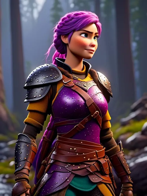 Prompt: Photo of <mymodel> standing in a heavy rain, viking warrior, in an intense sword battle with Einar Verodfellar, she has light blue eyes, purple hair, single braid down her shoulder, purple gear, gold armor, purple pants, gold boots, full body shot, 16K unreal engine octane