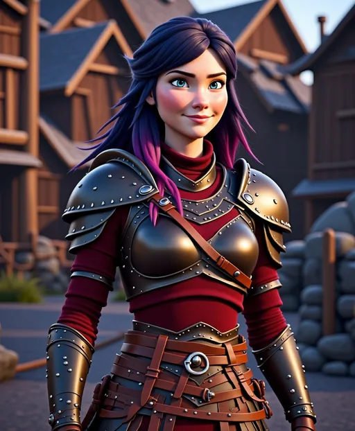 Prompt: <mymodel>CGI Animation, digital art, 20-year-old-old viking woman with violet eyes, Dark red Long sleeve shirt, skirt with dragon teeth on it, wears the snow wraith hood, ((dark dark blue hair with teal, pink and purple streaks)), standing in a viking village, subtle smile, unreal engine 8k octane, 3d lighting, close up camera shot on the face, full armor