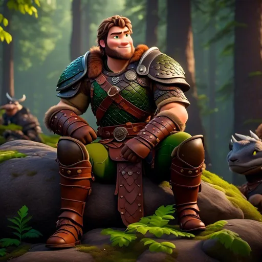 Prompt: <mymodel>Male viking warrior, thin and light muscle build, sitting on a boulder in the forest, there is a green dragon next to him, short brown hair, green eyes, green armor, brown gear, brown pants, brown boots, historical, strong and natural lighting