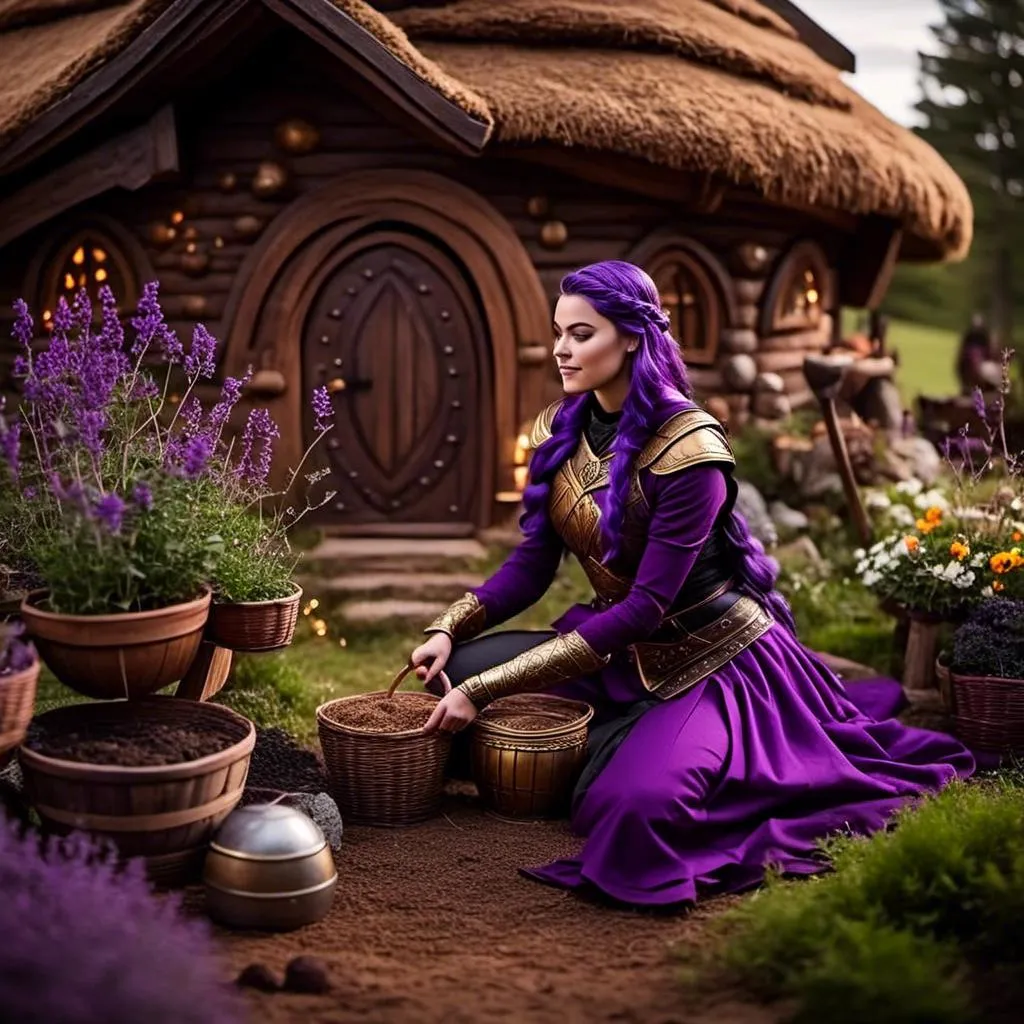 Prompt: Photo of <mymodel> tending to her garden beside her viking house