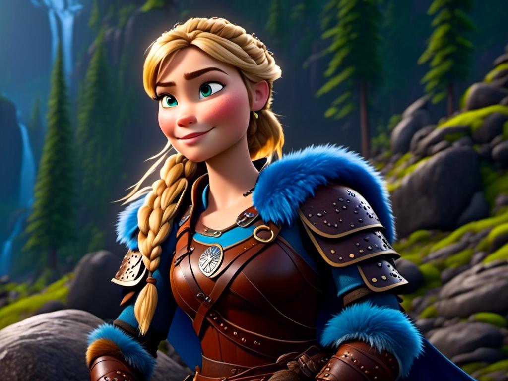 Prompt: <mymodel>CGi Animation, 20-year-old viking woman with blue eyes, ((she is wearing a tiara)), a rainy scene, she is sitting on a boulder in a forest, the viking woman has a subtle smile with it pouring down rain, blonde hair in a ponytail style, she has blue gear, gold armor, black pants, black boots