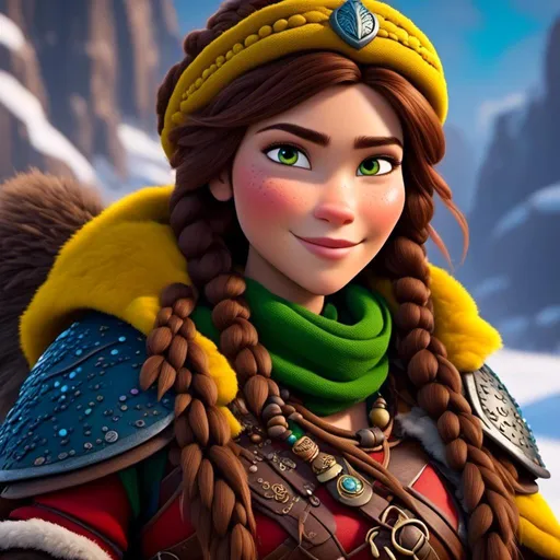 Prompt: <mymodel>CGI Animation, 20-year-old-old pirate woman, sitting on a snow bank, a snowy scene, {{yellow gear, blue armor}}, brunette hair, dreadlocks, subtle smile, beads hair, small red earrings, multiple braids, yellow gear, straight hair, green eyes, bracelets, rings on fingers, mercenary gear, unreal engine 8k octane, 3d lighting, full armor