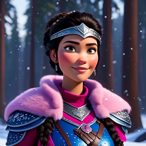 Prompt: <mymodel>CGI Animation, close-up portrait of the face, 20-year-old-old viking woman of royalty standing in the forest, a snowy scene, {{pink gear, blue armor}}, black hair, beads in hair pulled back for straight hair, subtle smile, unreal engine 8k octane, 3d lighting, close up camera shot on the face, full armor