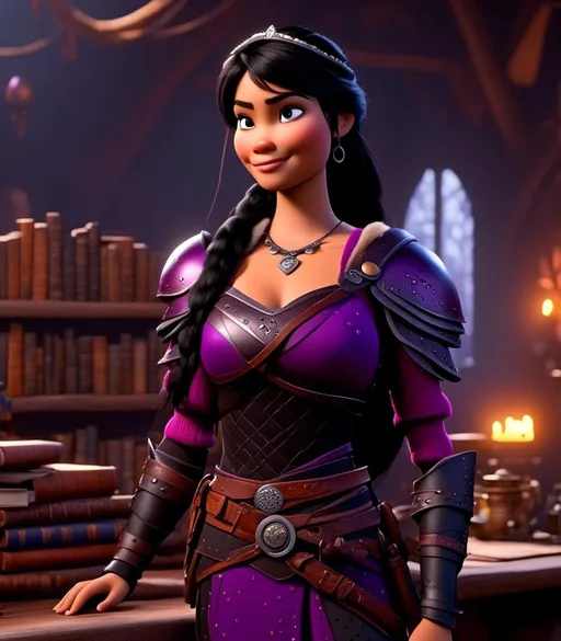 Prompt: <mymodel>CGI Animation, digital art, 20-year-old-old viking woman with light blue eyes, she is standing in her library, she is of royalty, {{black gear, purple armor}}, black hair with purple strands, single braid down her shoulder with a tiara, subtle smile, unreal engine 8k octane, 3d lighting, close up camera shot on the face, full armor