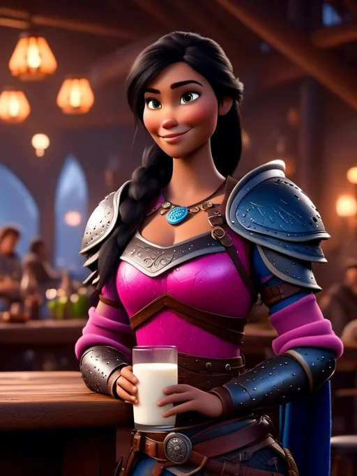 Prompt: <mymodel>CGI Animation, digital art, 20-year-old-old viking woman of royalty standing a busy tavern having a drink of milk, {{pink gear, blue armor}}, black hair, straight hair with a tiara, subtle smile, unreal engine 8k octane, 3d lighting, close up camera shot on the face, full armor