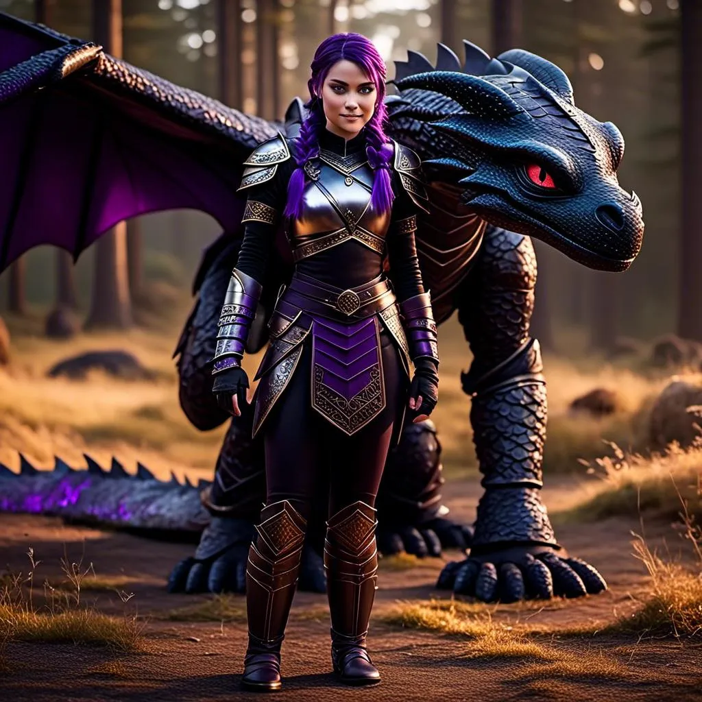 Prompt: Photo of <mymodel> standing next to her black razorwhip dragon from "How to Train Your Dragon"