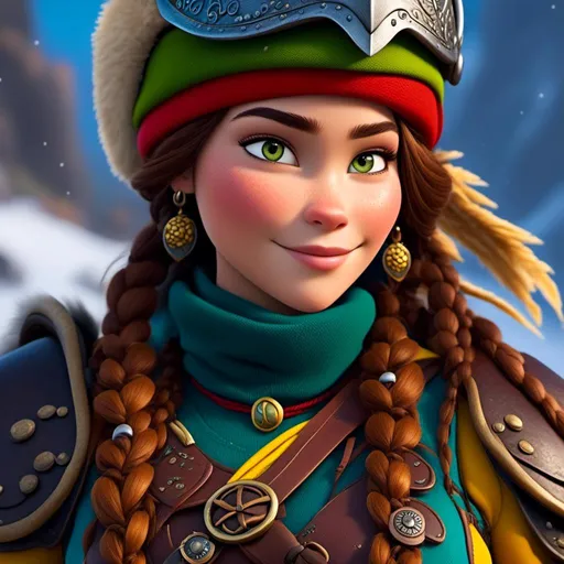 Prompt: <mymodel>CGI Animation, close up camera shot on the face, 20-year-old-old pirate woman, a snowy scene, {{yellow gear, blue armor}}, brunette hair, dreadlocks, subtle smile, beads hair, small red earrings, multiple braids, yellow gear, straight hair, green eyes, bracelets, rings on fingers, mercenary gear, unreal engine 8k octane, 3d lighting, close up camera shot on the face, full armor