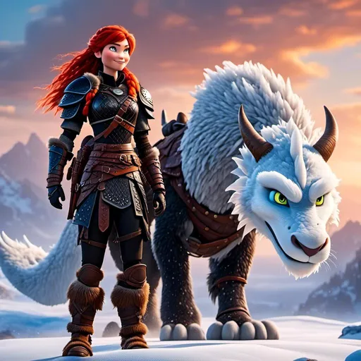 Prompt: <mymodel>High-quality CGI animation of a 40-year-old viking woman with red hair, wearing black gear and armor, standing on a snowy plain with a white dragon. White dragon with light blue highlights, woman with dreadlocks and braids, light blue eyes, snowy landscape, detailed visual effects, fantasy, snowy setting, cool tones, detailed character design, professional CGI, dramatic lighting, highres, detailed rendering