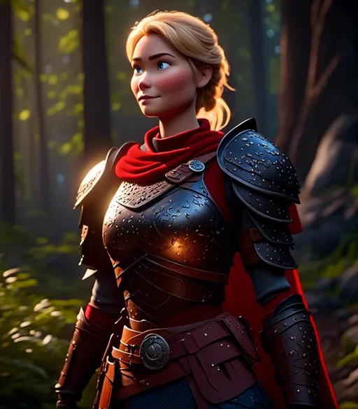 Prompt: <mymodel>CGI Animation, digital art, 20-year-old-old viking woman with light blue eyes standing in a dimly lit forest, blue clothes, red colored armor, blonde straight hair, subtle smile, unreal engine 8k octane, 3d lighting, full armor