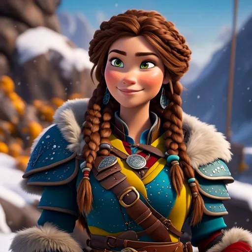 Prompt: <mymodel>CGI Animation, close-up portrait of the face, 20-year-old-old pirate woman sitting on a snow bank, a snowy scene, {{yellow gear, blue armor}}, brunette hair, dreadlocks, subtle smile, beads hair, small red earrings, multiple braids, yellow gear, straight hair, green eyes, bracelets, rings on fingers, mercenary gear, unreal engine 8k octane, 3d lighting, close up camera shot on the face, full armor