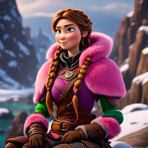 Prompt: <mymodel>CGI Animation, 20-year-old-old pirate woman, sitting on a snow bank, a snowy scene, {{pink gear, yellow armor}}, brunette hair, dreadlocks, subtle smile, beads hair, small pink earrings, multiple braids, pink gear, straight hair, green eyes, bracelets, rings on fingers, mercenary gear, unreal engine 8k octane, 3d lighting, full armor