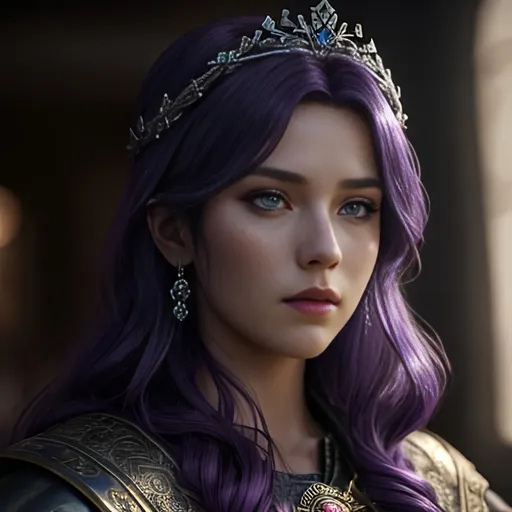 Prompt: create most beautiful fictional female viking princess, (((dark purple hair))), commanding her citizens, extremely detailed environment, detailed background, intricate, detailed skin, professionally color graded, photorealism, 8k, moody lighting