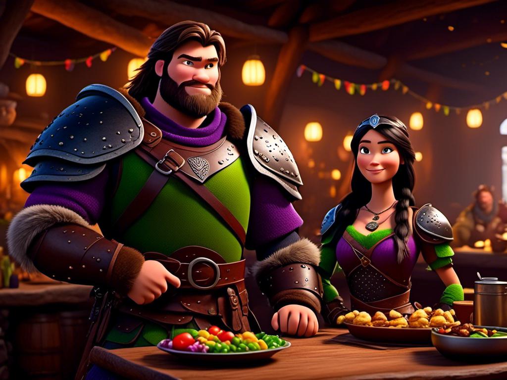 Prompt: <mymodel>CGI Animation, digital art, 20-year-old-old viking woman of royalty standing a busy tavern having a meal with her husband Jarl, Jarl is clean shaven, {{the woman has purple armor}}, black hair, straight hair with a tiara, subtle smile, Jarl has green armor and brown gear, unreal engine 8k octane, 3d lighting, close up camera shot on the face, full armor