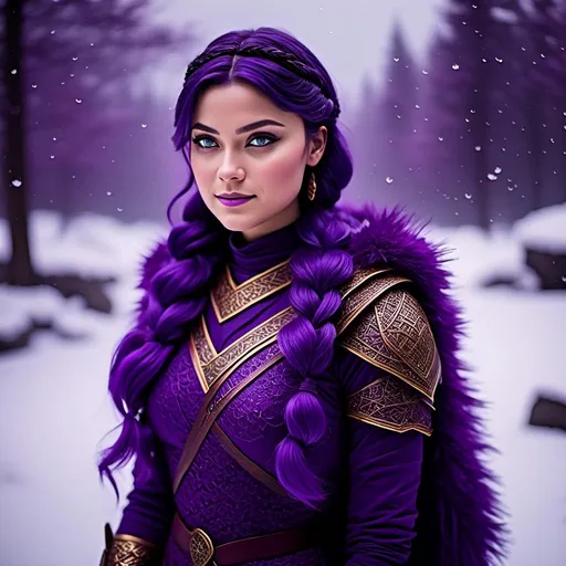 Prompt: A photo of <mymodel> with a heavy purple fur tunic in the snow, she has a single hair braid down her shoulder