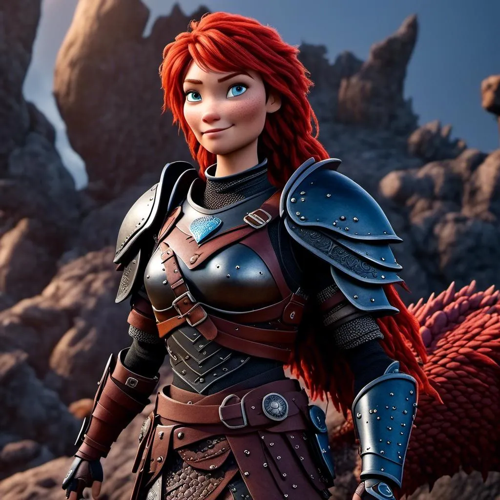 Prompt: <mymodel>CGI Animation of a viking woman of 40 years old, red hair with dreadlocks, blue eyes, all black gear and armor, leather highlights and textures, dragon scale textures and armor, intricate details, high quality, digital painting, cool tones, dramatic lighting