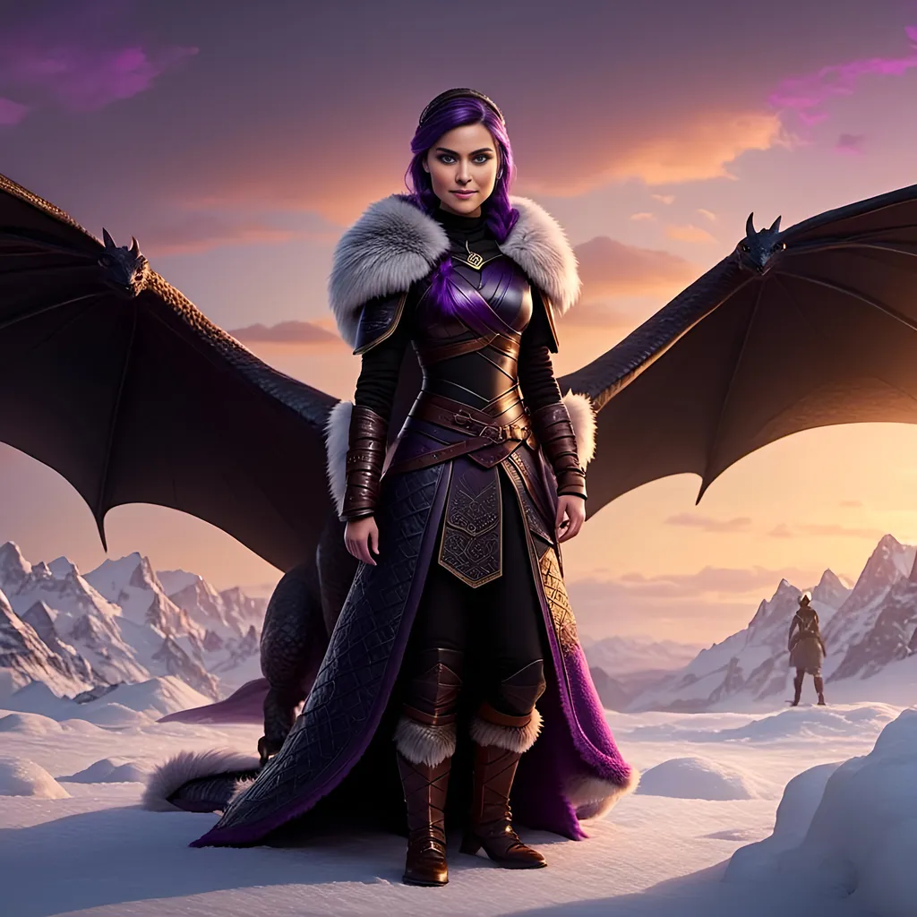 Prompt: Photo of <mymodel> standing next to her ((black)) razorwhip dragon from How to Train Your Dragon in the snow, {{she has light blue eyes}}, she is wearing a fur hood over her head, she is wearing a fur cape