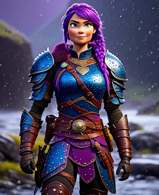 Prompt: Photo of <mymodel> standing in a heavy rain, viking warrior, {{((light blue eyes))}}, purple hair, single braid down her shoulder, purple gear, gold armor, purple pants, gold boots, full body shot, 16K unreal engine octane