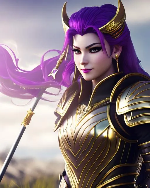 Prompt: she has a scar over her right eye, gold armor over her chest, purple lips, smiling, create a female viking warrior, the female has dark purple hair, her gear is black and silver, black pants, her eyes are light blue, she is in a grassy field