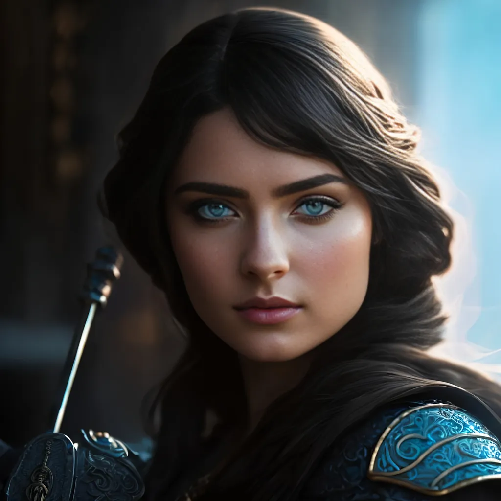 Prompt: she has black hair draped over shoulder, create most beautiful fictional female viking princess warrior, black hair, light blue eyes, extremely detailed environment, detailed background, intricate, detailed skin, professionally color graded, photorealism, 8k, moody lighting
