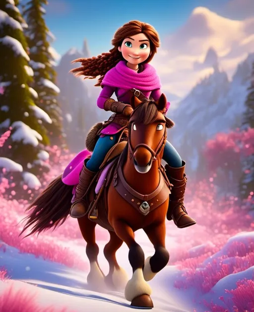 Prompt: <mymodel>CGI Animation, 20-year-old-old pirate woman, riding a brown paint horse through the snow, a snowy scene, {{pink gear, yellow armor}}, brunette hair, dreadlocks, subtle smile, beads hair, small pink earrings, multiple braids, pink gear, straight hair, blue eyes, bracelets, rings on fingers, mercenary gear, unreal engine 8k octane, 3d lighting, full armor