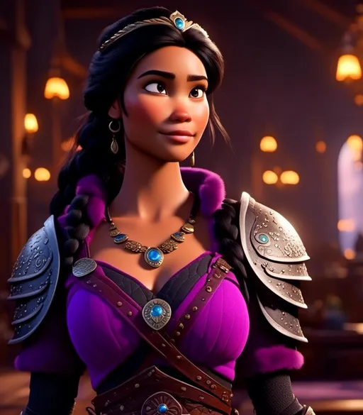 Prompt: <mymodel>CGI Animation, digital art, 20-year-old-old viking woman with light blue eyes, she is standing in her library, she is of royalty, {{black gear, purple armor}}, black hair with purple strands, single braid down her shoulder with a tiara, subtle smile, unreal engine 8k octane, 3d lighting, close up camera shot on the face, full armor