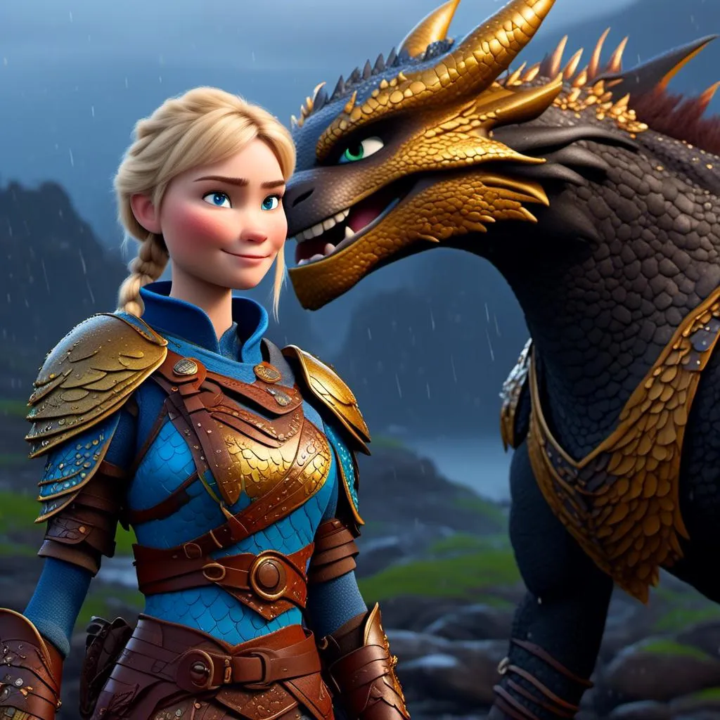 Prompt: <mymodel>CGi Animation, 20-year-old viking woman with blue eyes, a rainy scene, she is standing next to a bright blue dragon with gold highlights, they are both in the rain, the viking woman has a subtle smile, blonde hair in a ponytail style, she has blue gear, gold armor, black pants, black boots