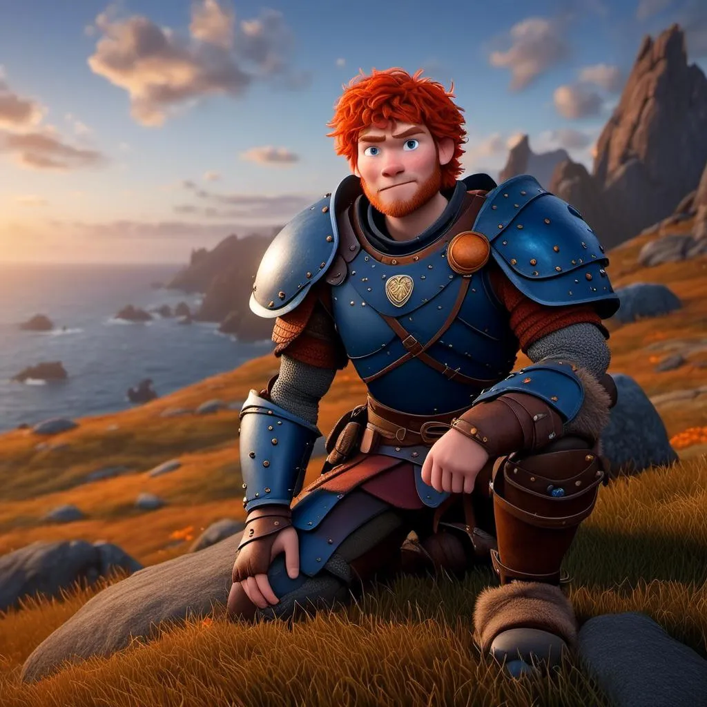 Prompt: <mymodel>Animated CGI style of a kind Viking male scholar with red hair, thoughtful gaze, realistic blue armor with bursts of orange textures, high quality, fur textures, highres, professional, intense lighting