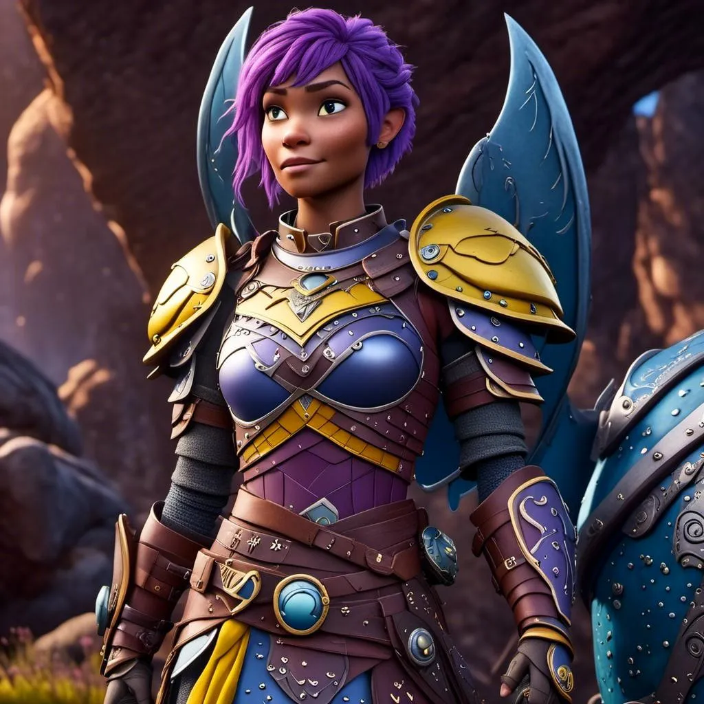 Prompt: <mymodel>CGI Animation of a viking female, purple hair, blue and yellow gear and armor, intricate details, high quality, digital painting, cool tones, dramatic lighting