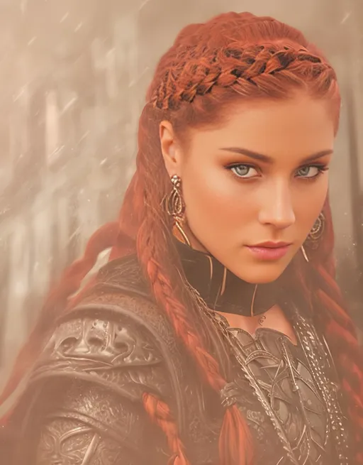 Prompt: she has braided cornrow hair, create most beautiful fictional female viking warrior, red hair, black rogue gear, looking at the camera, extremely detailed environment, detailed background, intricate, detailed skin, professionally color graded, photorealism, 16k, moody lighting