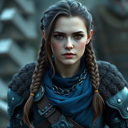 Prompt: Digital art, 18-year-old viking woman, blue gear, blue clothes, dark blue armor, brunette hair, two braids behind her back, dark brown eyes, unreal engine 8k octane, 3d lighting, full body, full armor