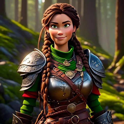 Prompt: <mymodel>CGI Animation, 20-year-old-old pirate woman, thick forest scene, {{brown gear, silver armor}}, brunette hair, dreadlocks, subtle smile, beads hair, small red earrings, multiple braids, green gear, straight hair, green eyes, bracelets, rings on fingers, mercenary gear, unreal engine 8k octane, 3d lighting, full body, full armor