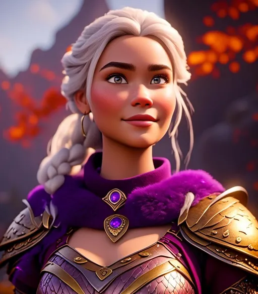 Prompt: <mymodel>CGI Animation, digital art, 20-year-old-old viking woman with light blue eyes, purple clothes, gold colored armor, white hair, single braid down her shoulder with a tiara, subtle smile, unreal engine 8k octane, 3d lighting, close up camera shot on the face, full armor