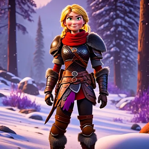 Prompt: <mymodel>CGi Animation, 25-year-old viking woman warrior with yellow eyes, a snowy scene, the viking woman has a subtle smile, hazel color hair, she has red gear, orange armor with bursts of purple textured splotches, black pants, black boots