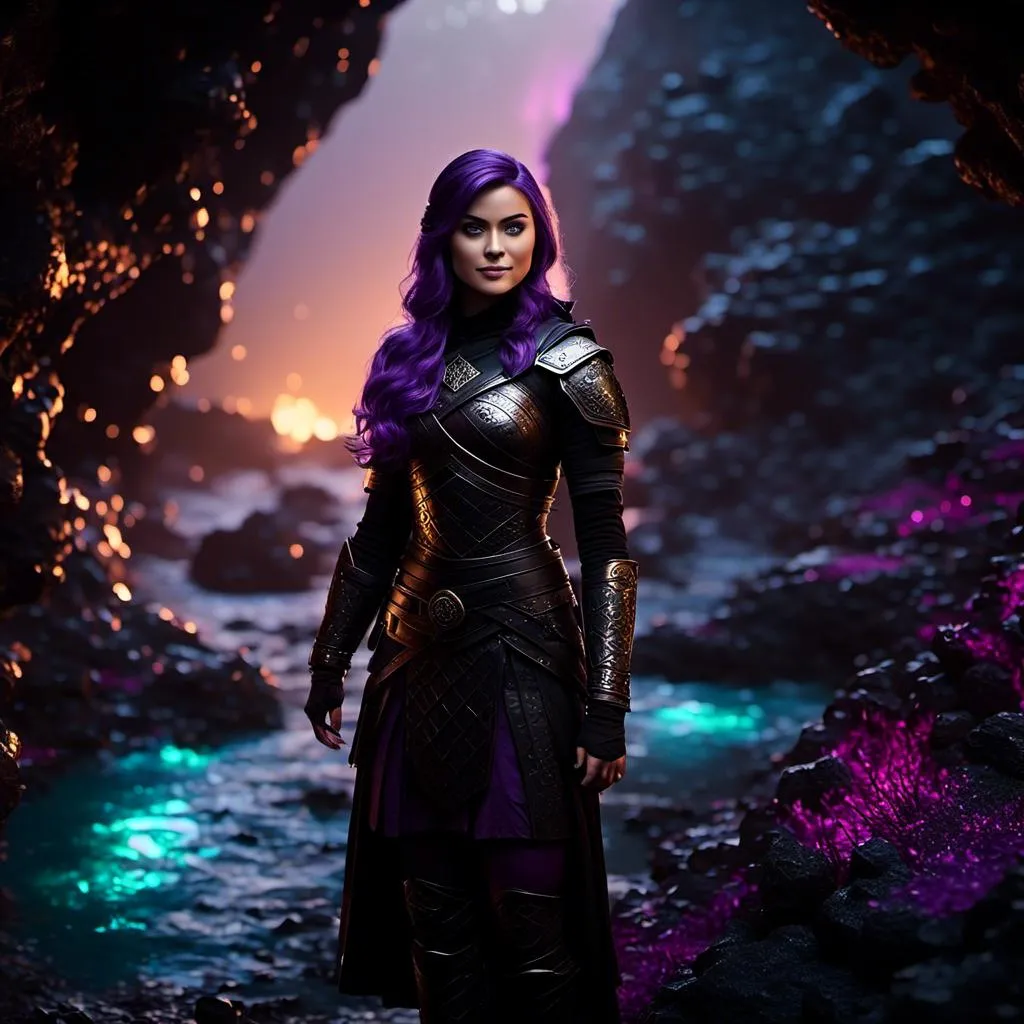 Prompt: <mymodel>25-year-old viking woman, subtle smile, light blue eyes, black gear, bright black armor, black textures and highlights, standing in a dimly lit cave with glowing algae, short focus, blurry background, unreal engine 8k octane, 3d lighting, full body, full armor