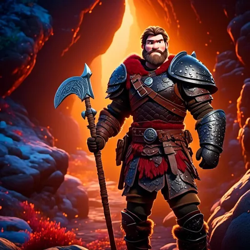 Prompt: <mymodel>Animated CGI style, male viking with a helmet, bright colored armor and gear, standing in a dimily lit cave, realistic textures, high quality, vibrant color palette, atmospheric lighting