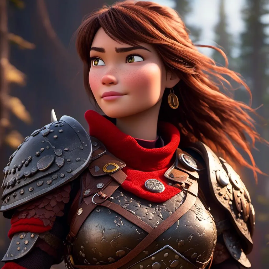 Prompt: <mymodel>CGI Animation of a viking female, brown hair in her face, hazel eyes, bright red gear and armor, she has heavy gauntlets on her hands with armored gloves, yellow highlights and textures, standing in a viking village, intricate details, high quality, digital painting, cool tones, dramatic lighting