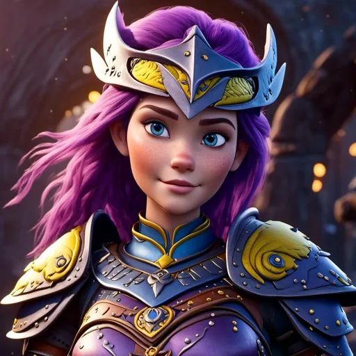 Prompt: <mymodel>CGI Animation of a viking female, purple hair, blue and yellow gear and armor, intricate details, high quality, digital painting, cool tones, dramatic lighting